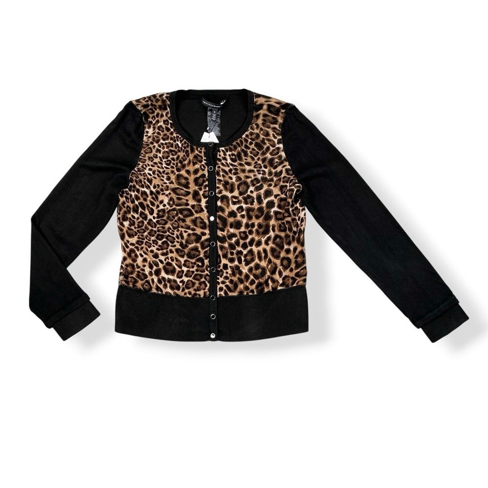 White House Black Market Cardigan Women Medium Black Brown Animal Print Snap NWT